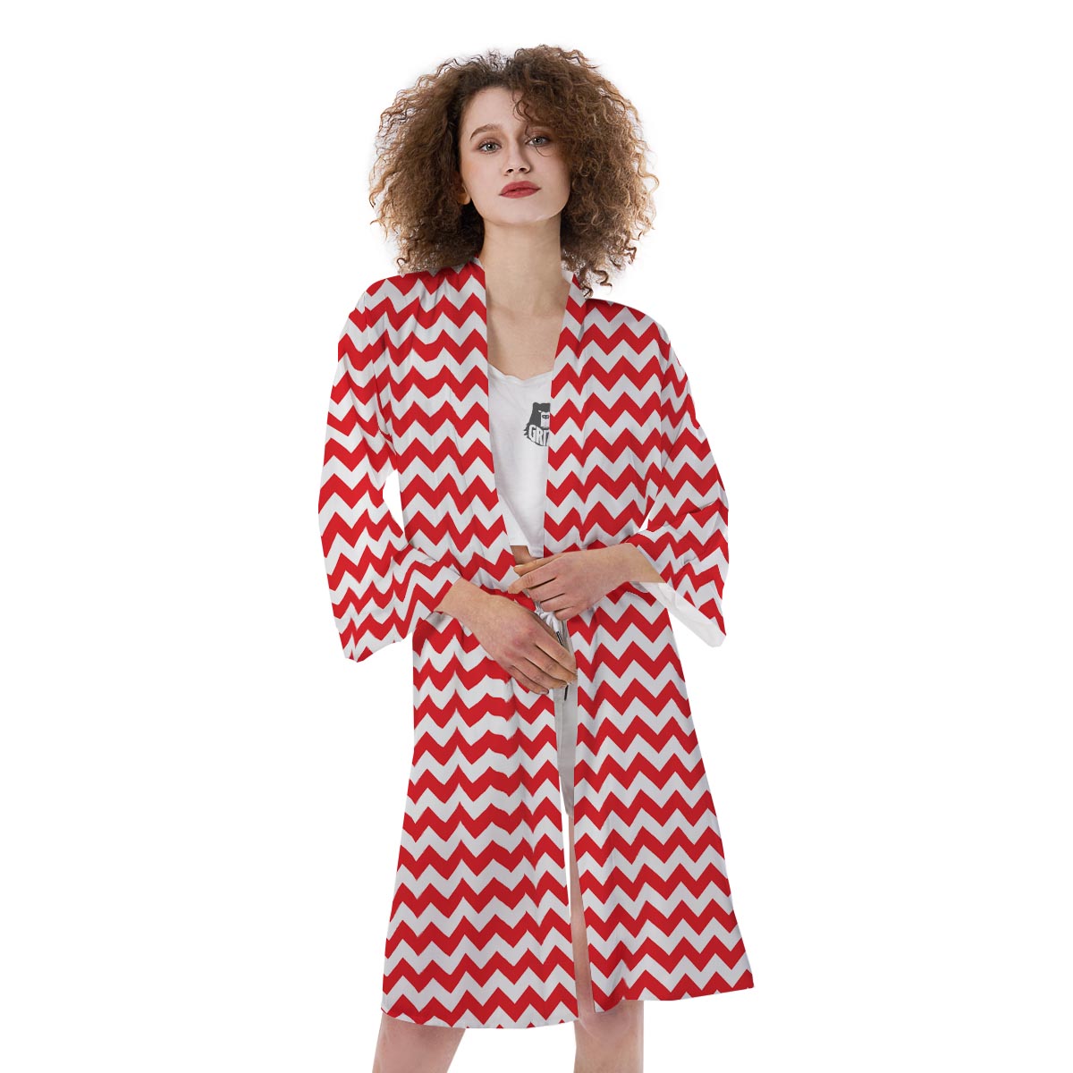 Chevron White And Red Print Pattern Kimono-grizzshop