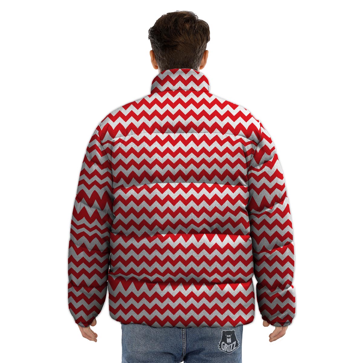 Chevron White And Red Print Pattern Puffer Jacket-grizzshop