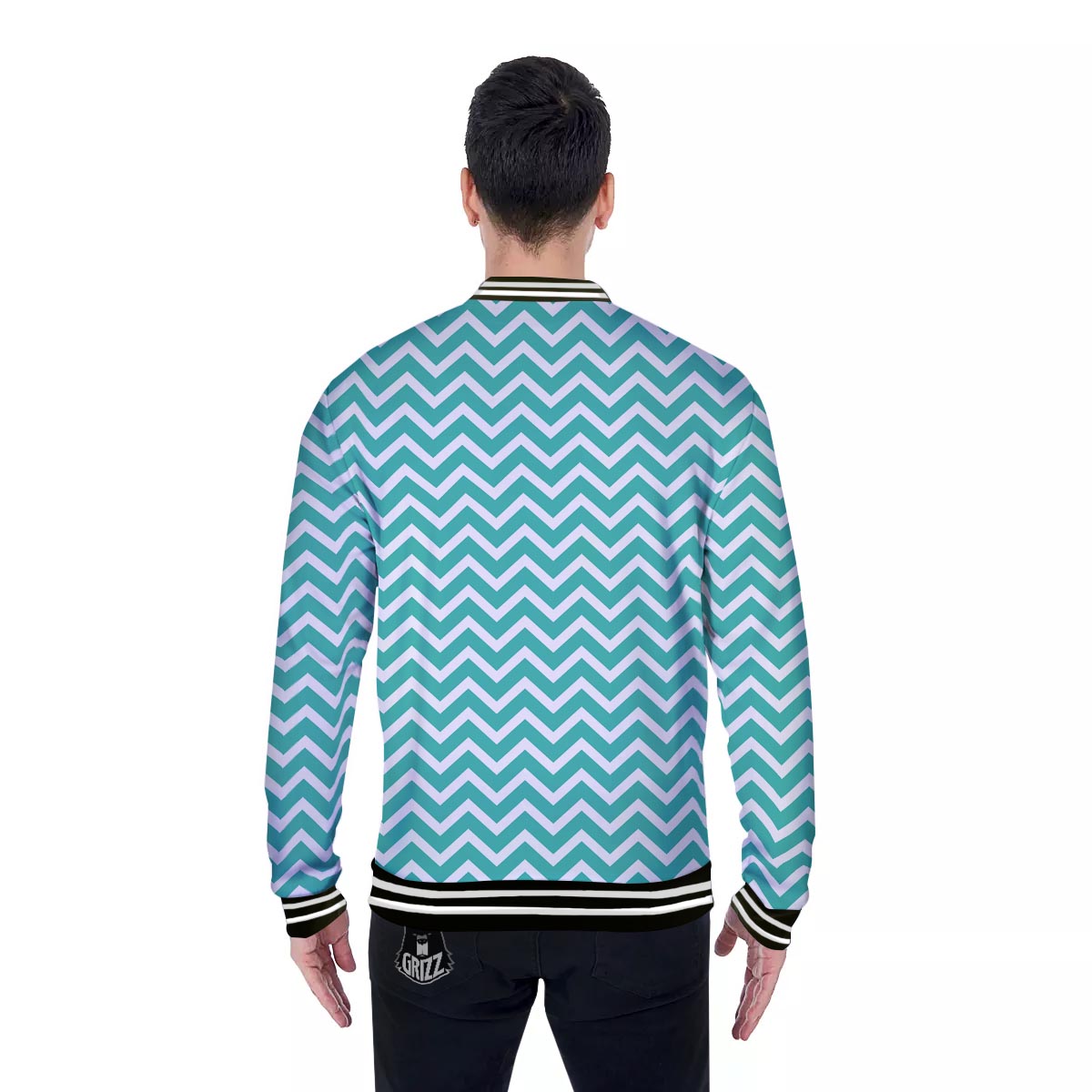 Chevron White And Teal Print Pattern Baseball Jacket-grizzshop