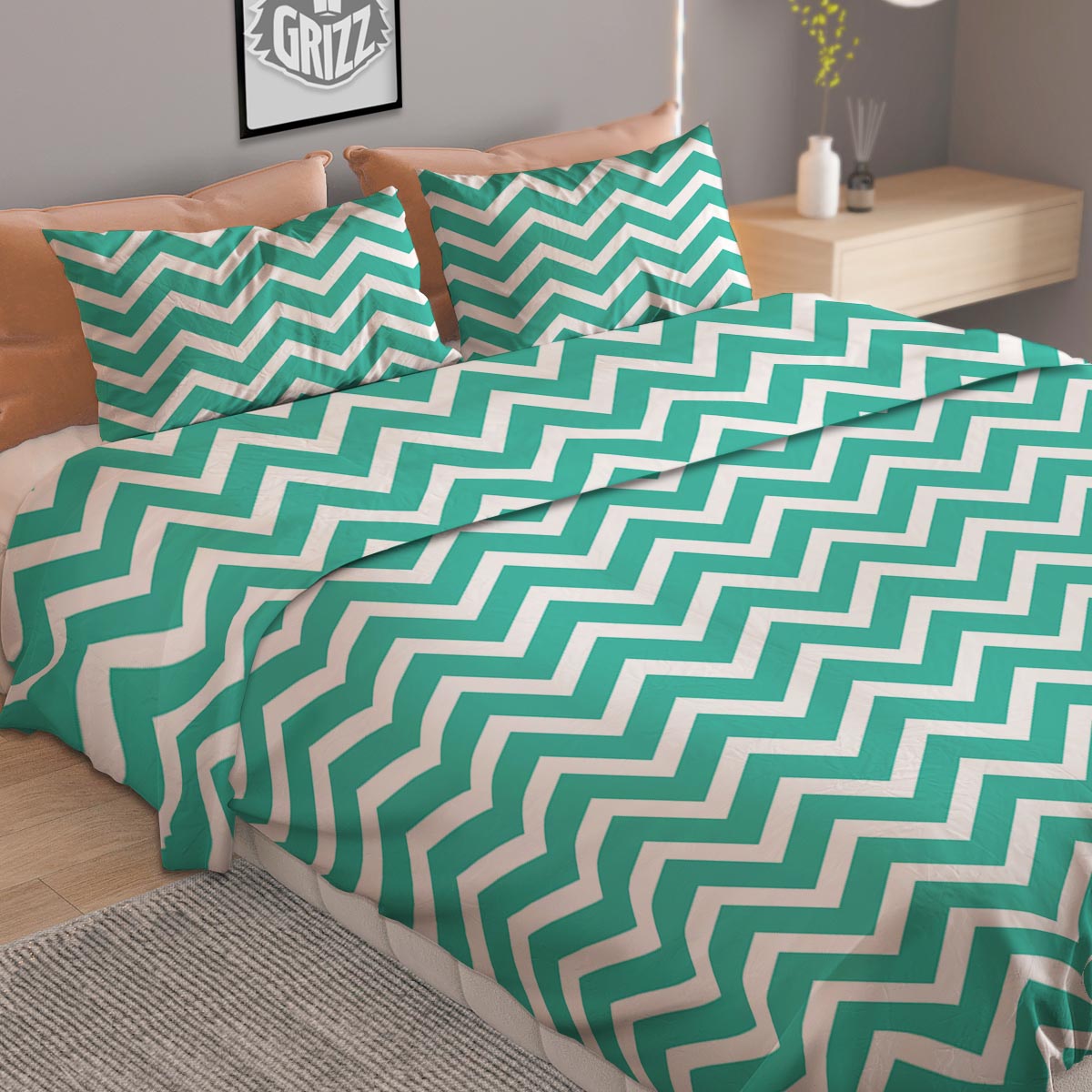Chevron White And Teal Print Pattern Duvet Cover Bedding Set