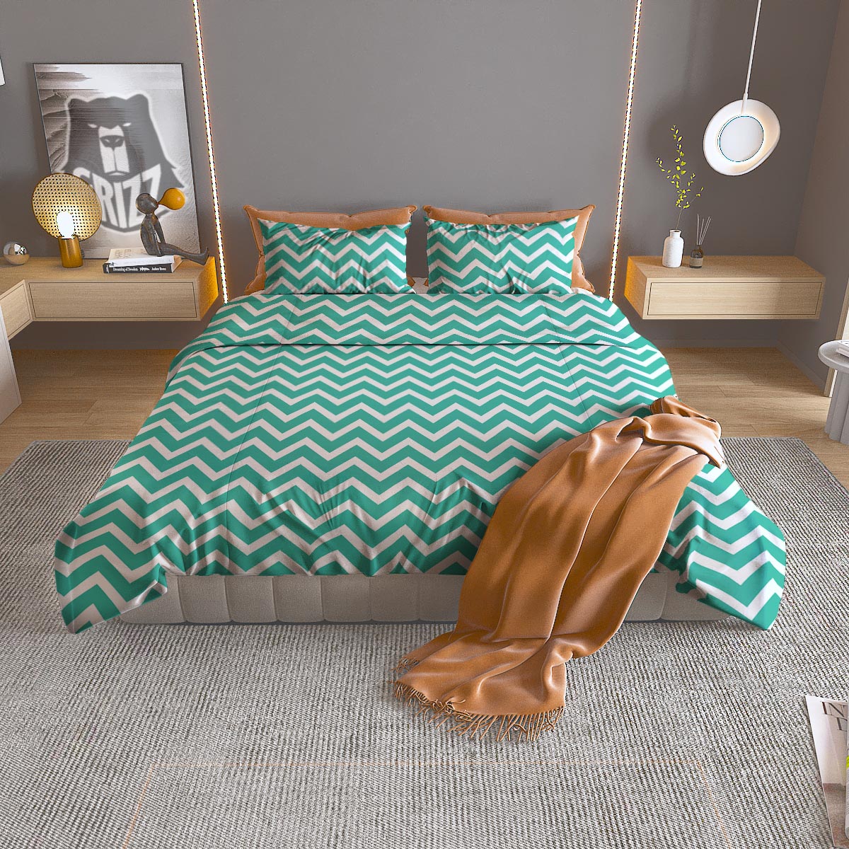 Chevron White And Teal Print Pattern Duvet Cover Bedding Set