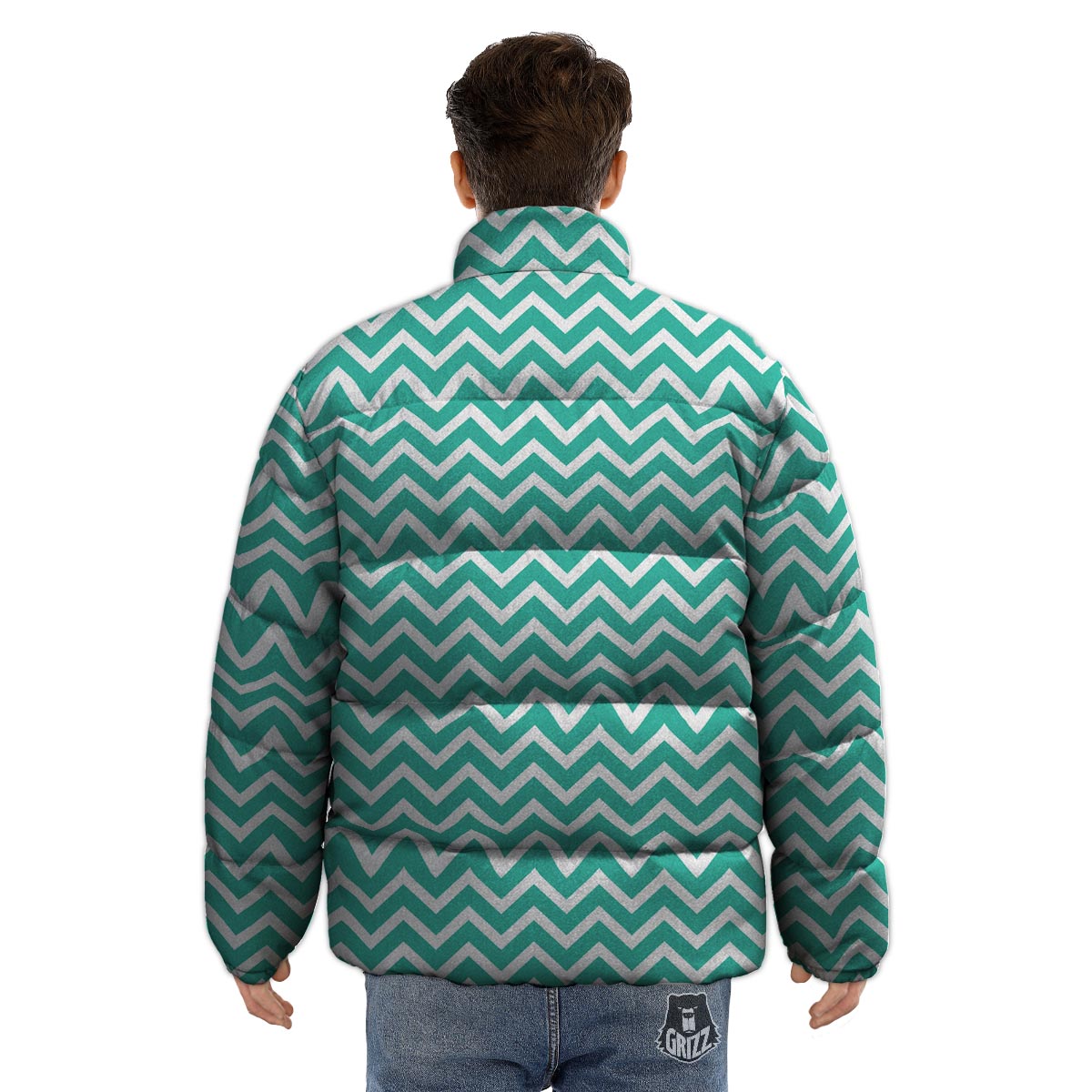 Chevron White And Teal Print Pattern Puffer Jacket-grizzshop