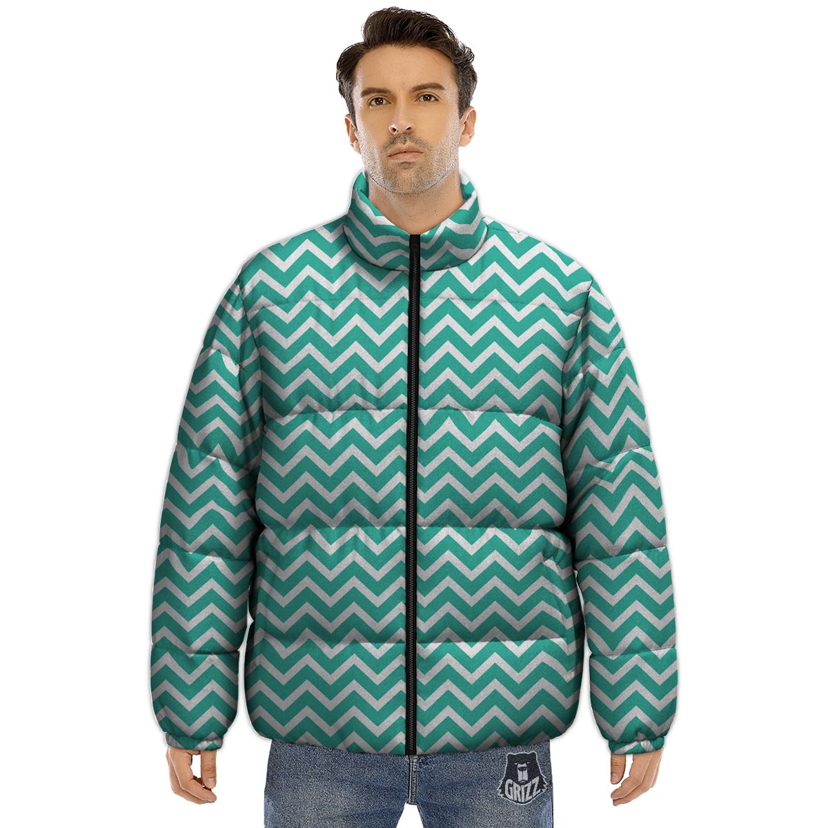 Chevron White And Teal Print Pattern Puffer Jacket-grizzshop