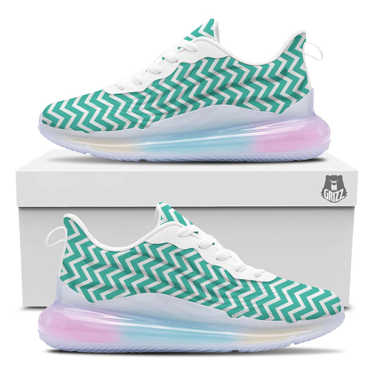 Chevron White And Teal Print Pattern Running Sneakers-grizzshop