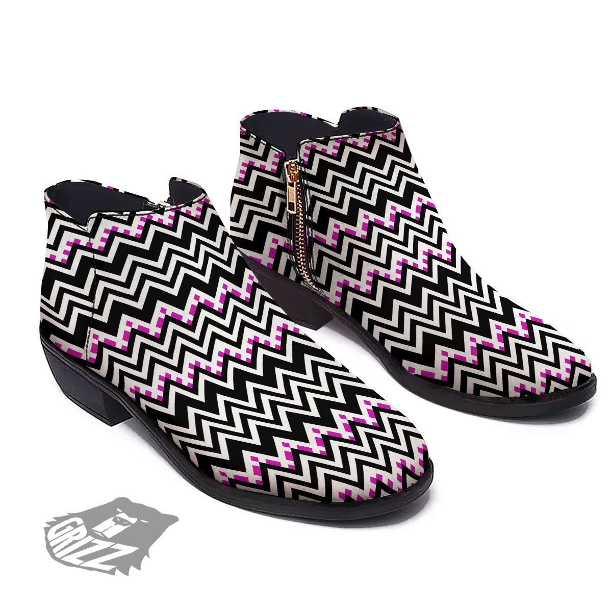 Chevron Zigzag Black Pink Print Pattern Ankle Boots-grizzshop