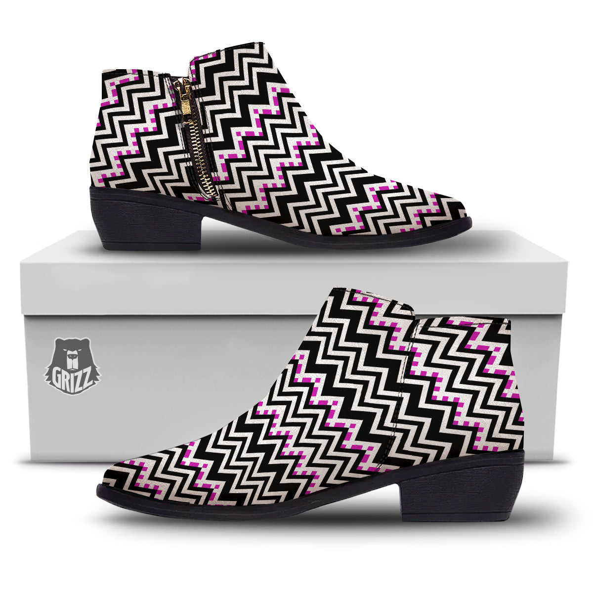 Chevron Zigzag Black Pink Print Pattern Ankle Boots-grizzshop