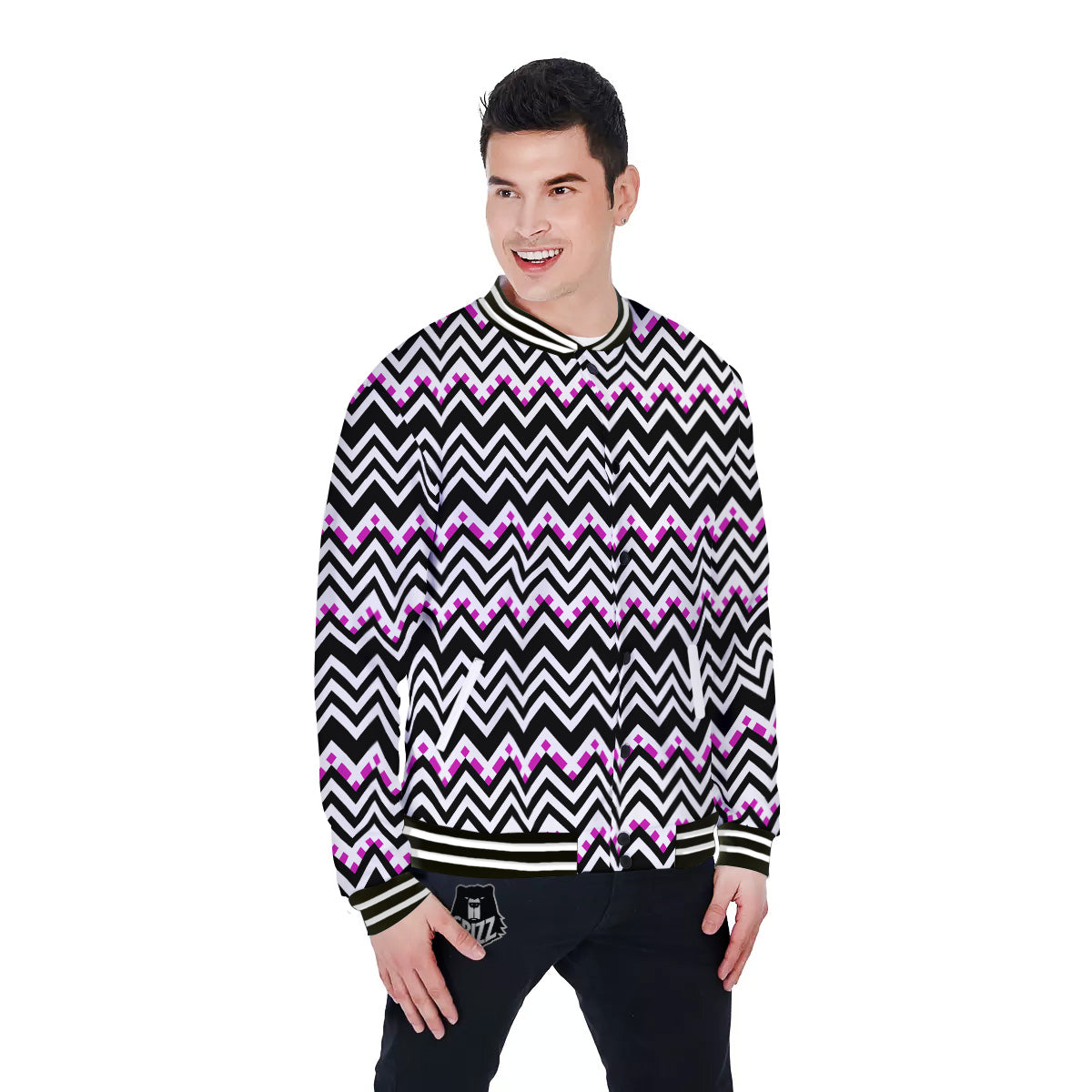 Chevron Zigzag Black Pink Print Pattern Baseball Jacket-grizzshop