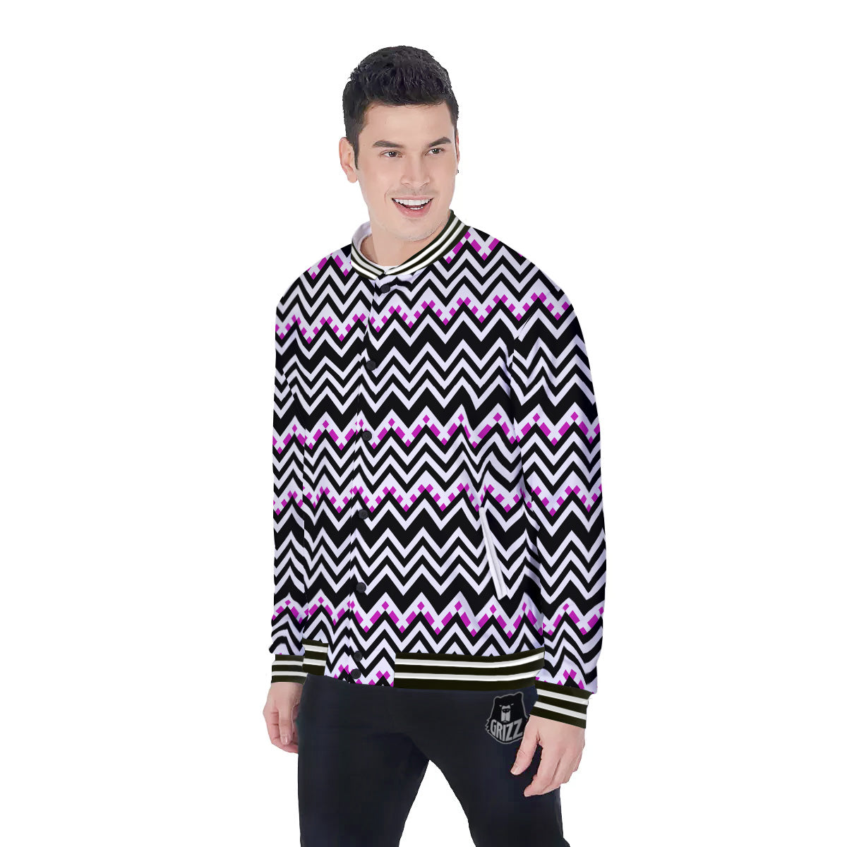 Chevron Zigzag Black Pink Print Pattern Baseball Jacket-grizzshop