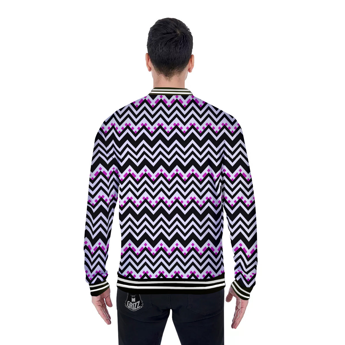 Chevron Zigzag Black Pink Print Pattern Baseball Jacket-grizzshop
