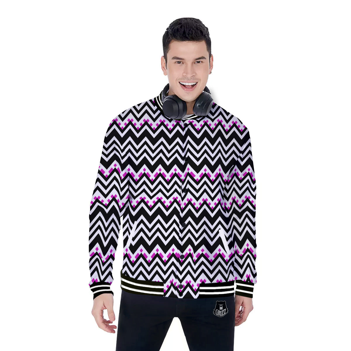 Chevron Zigzag Black Pink Print Pattern Baseball Jacket-grizzshop