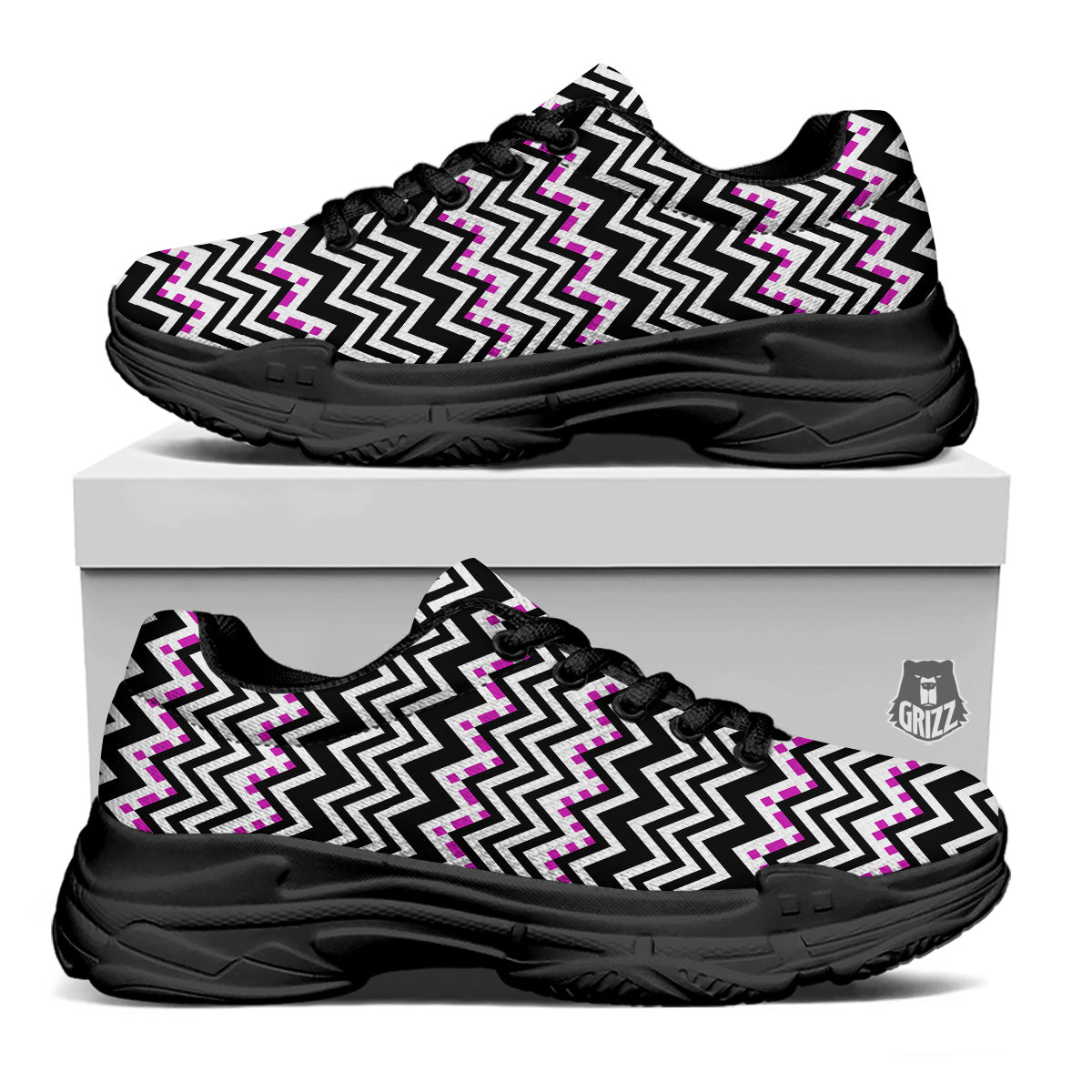 Chevron Zigzag Black Pink Print Pattern Black Chunky Shoes-grizzshop