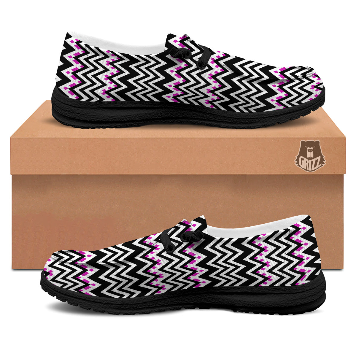 Chevron Zigzag Black Pink Print Pattern Black Loafers-grizzshop