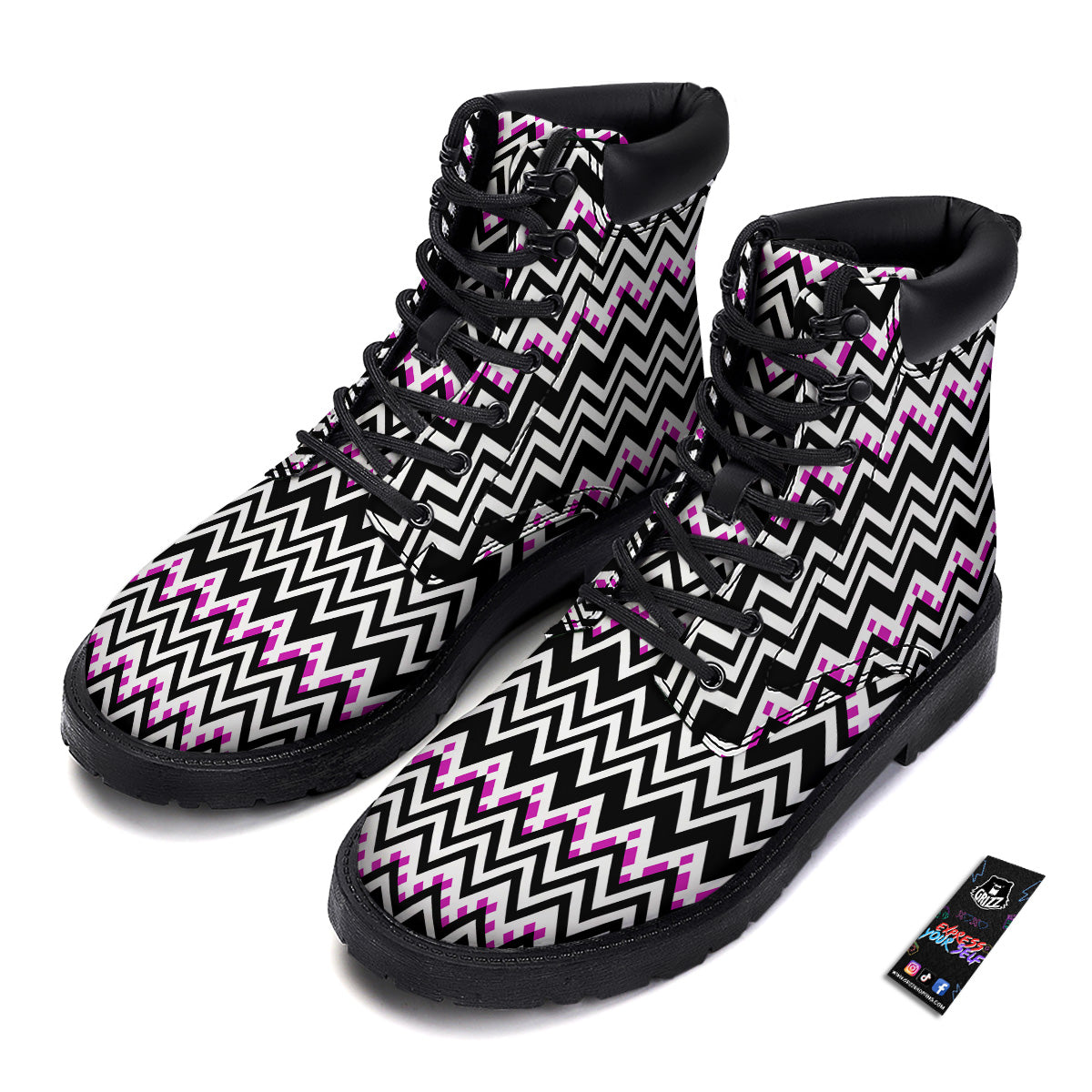 Chevron Zigzag Black Pink Print Pattern Boots-grizzshop