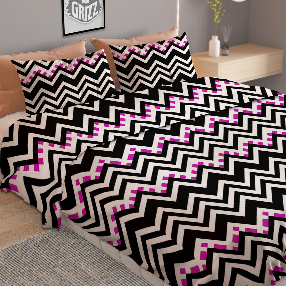 Chevron Zigzag Black Pink Print Pattern Duvet Cover Bedding Set