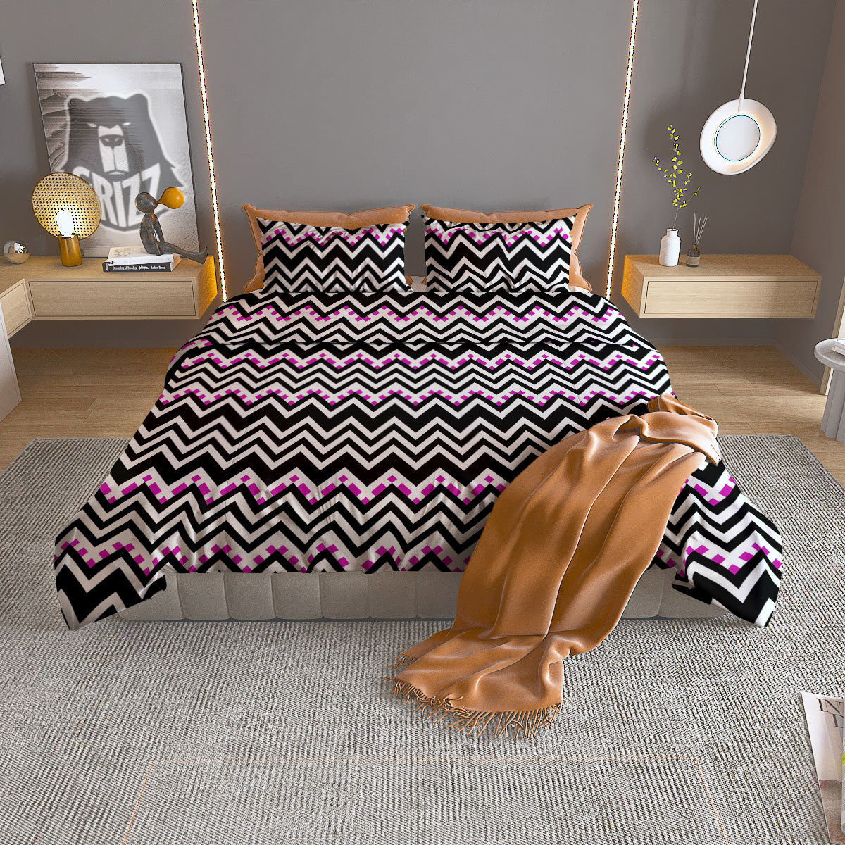 Chevron Zigzag Black Pink Print Pattern Duvet Cover Bedding Set
