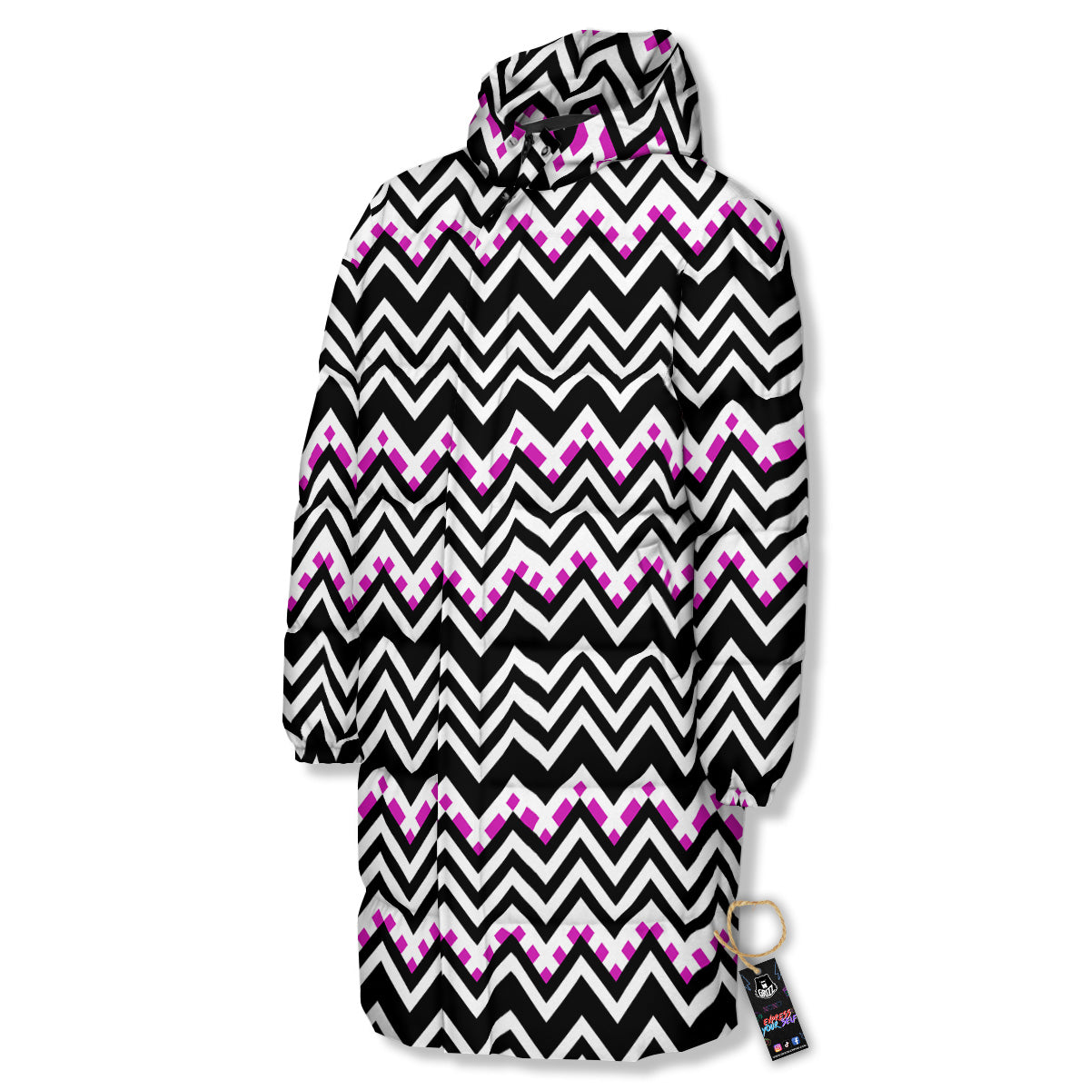 Chevron Zigzag Black Pink Print Pattern Long Down Jacket-grizzshop
