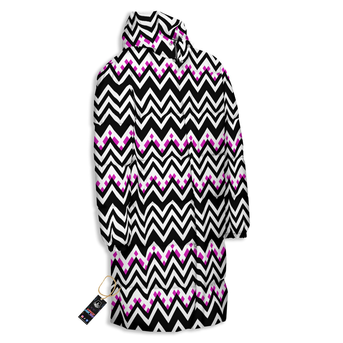 Chevron Zigzag Black Pink Print Pattern Long Down Jacket-grizzshop