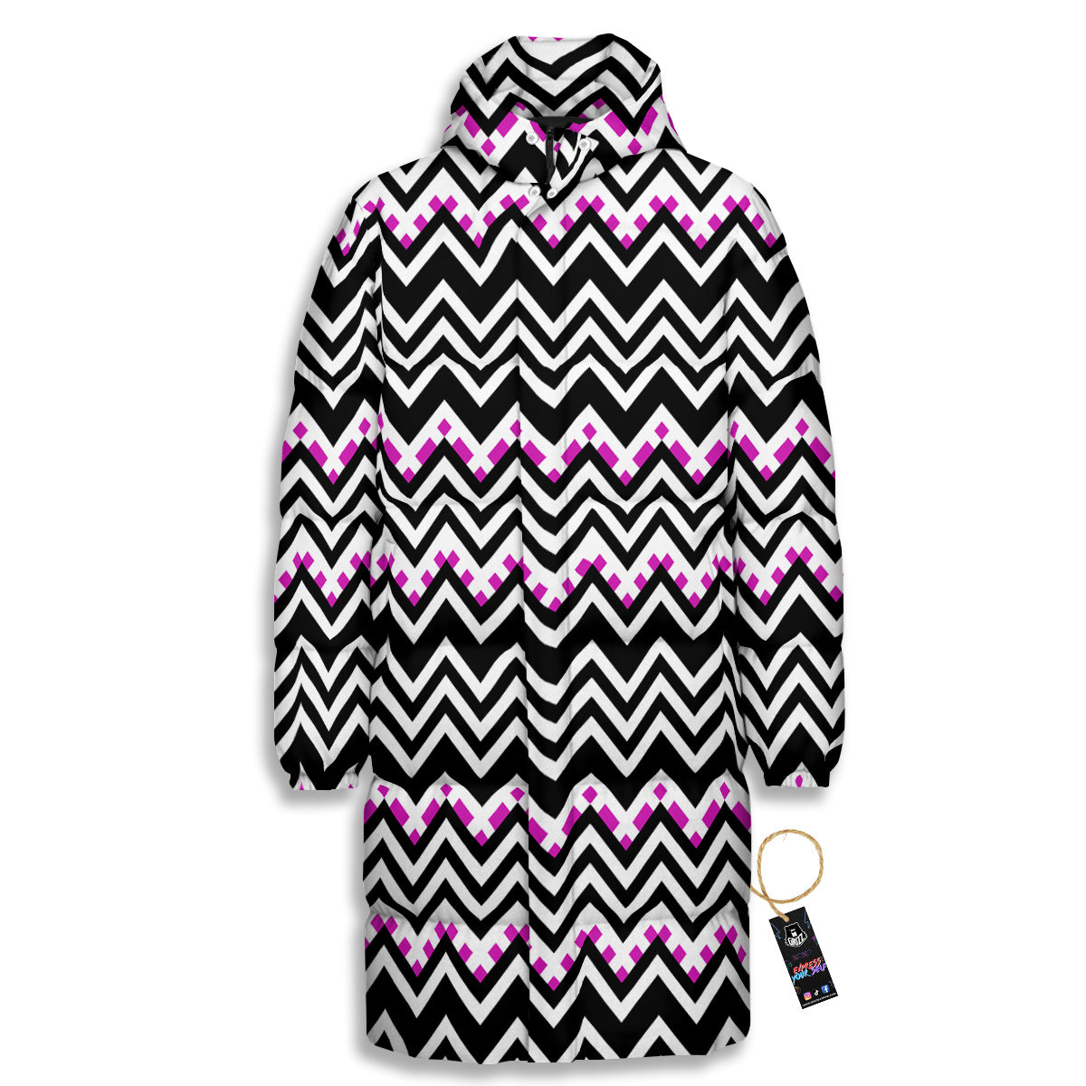 Chevron Zigzag Black Pink Print Pattern Long Down Jacket-grizzshop