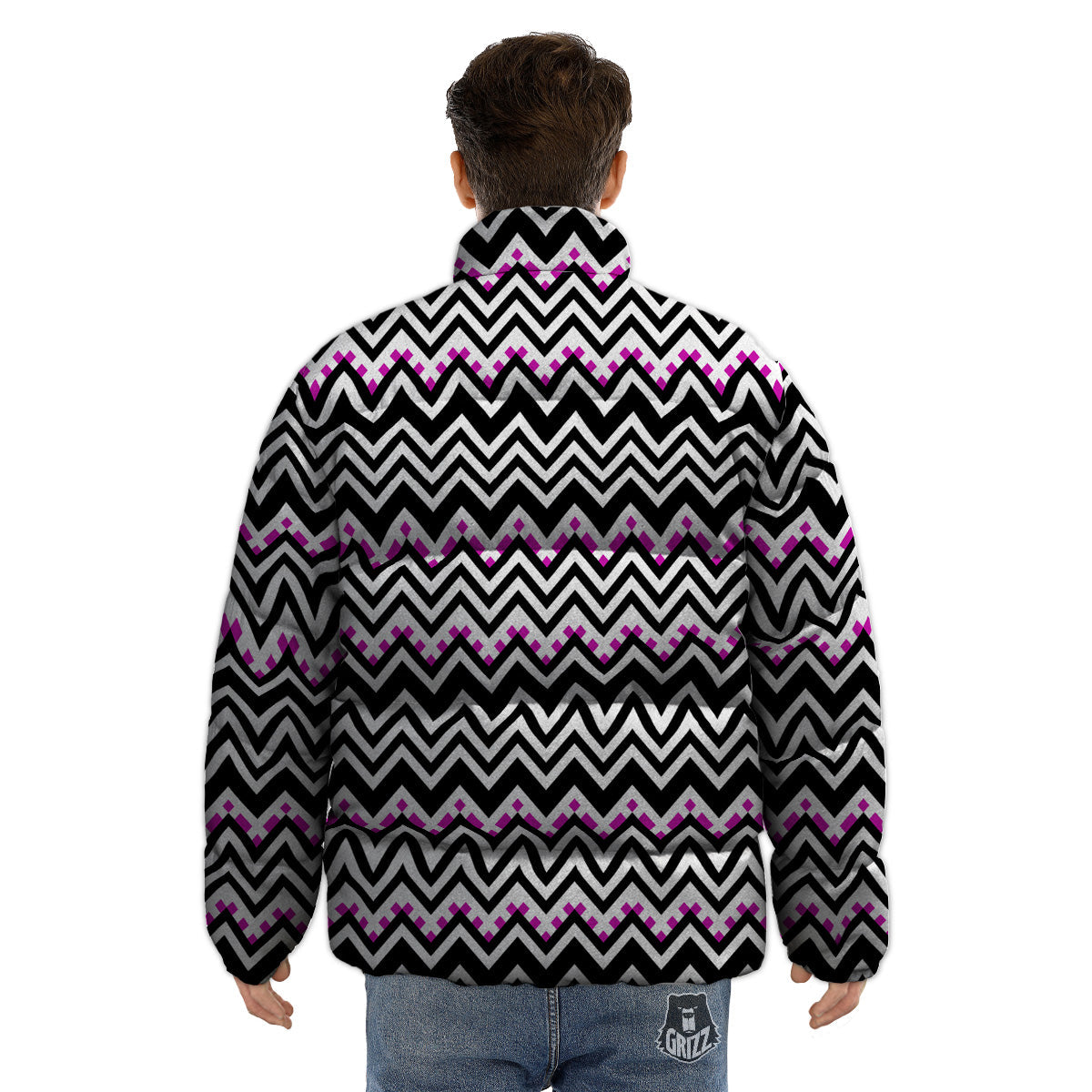 Chevron Zigzag Black Pink Print Pattern Puffer Jacket-grizzshop