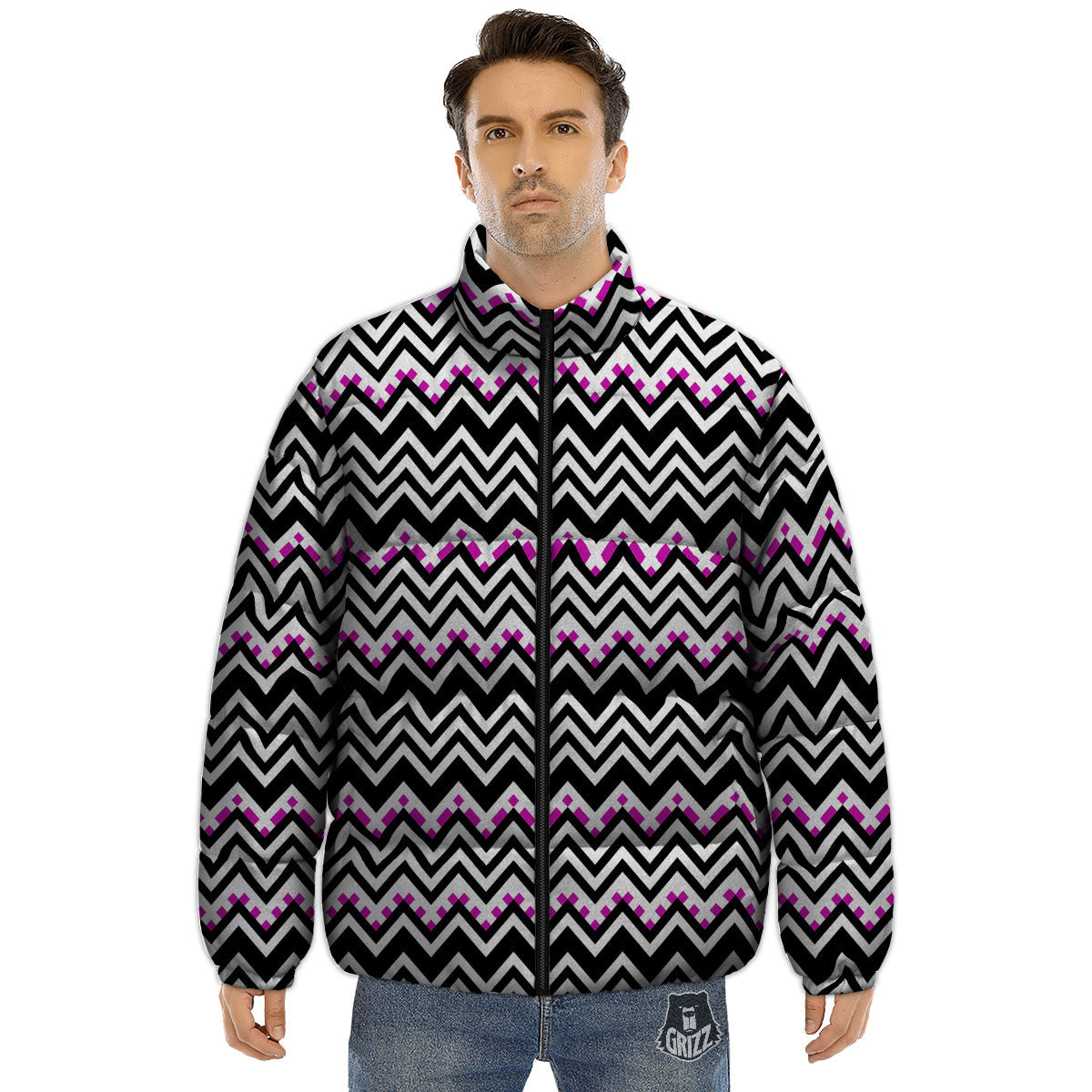 Chevron Zigzag Black Pink Print Pattern Puffer Jacket-grizzshop