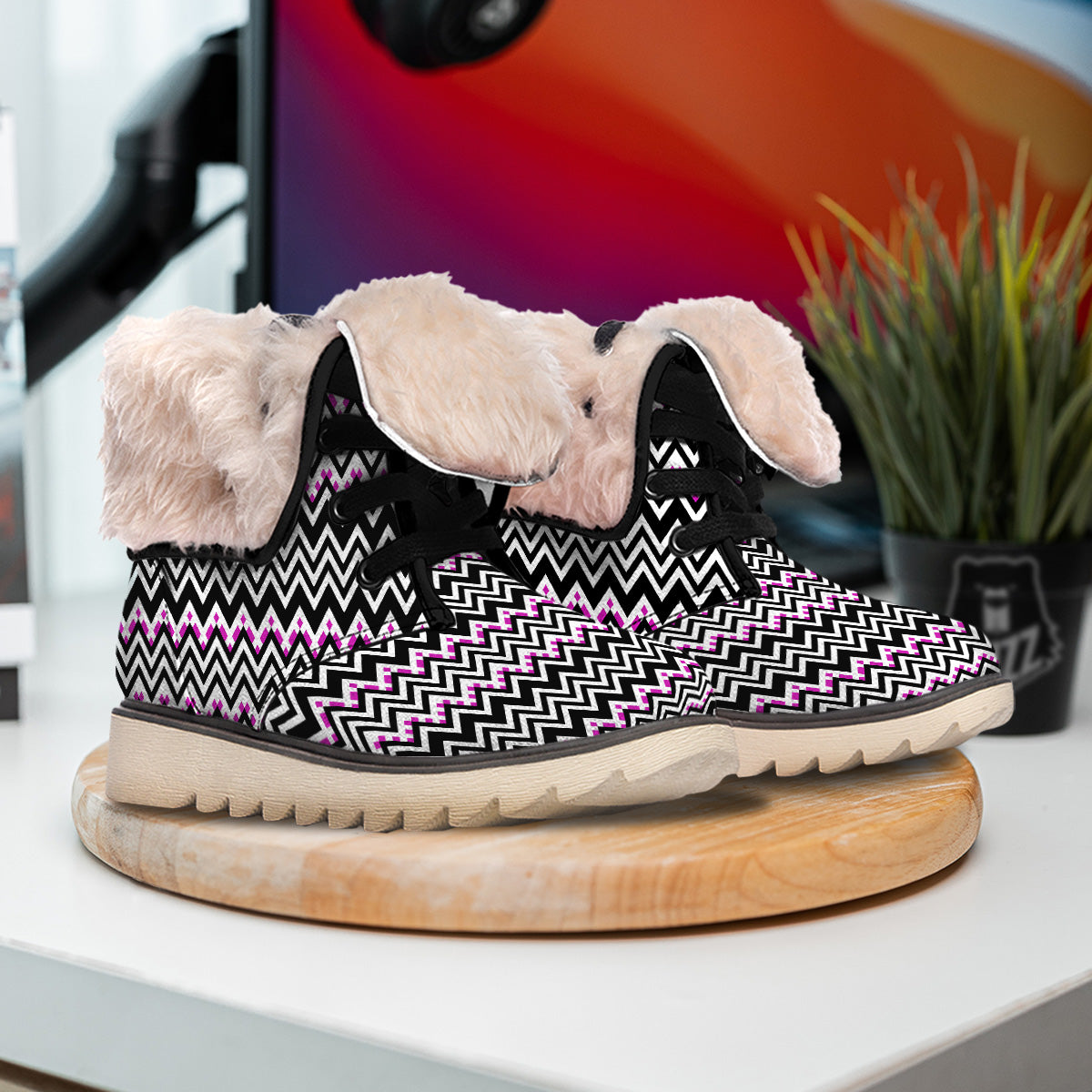 Chevron Zigzag Black Pink Print Pattern Snow Boots-grizzshop