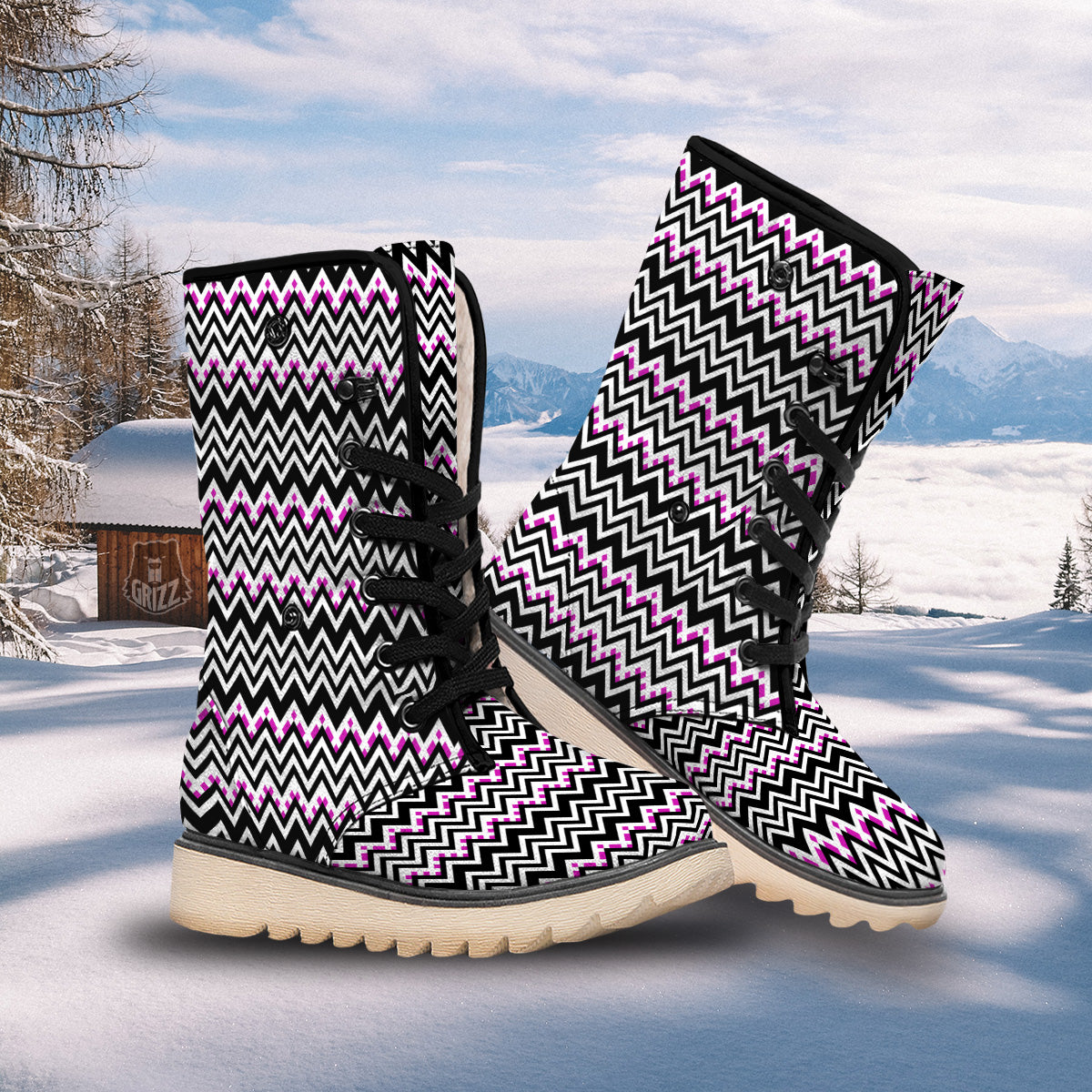 Chevron Zigzag Black Pink Print Pattern Snow Boots-grizzshop