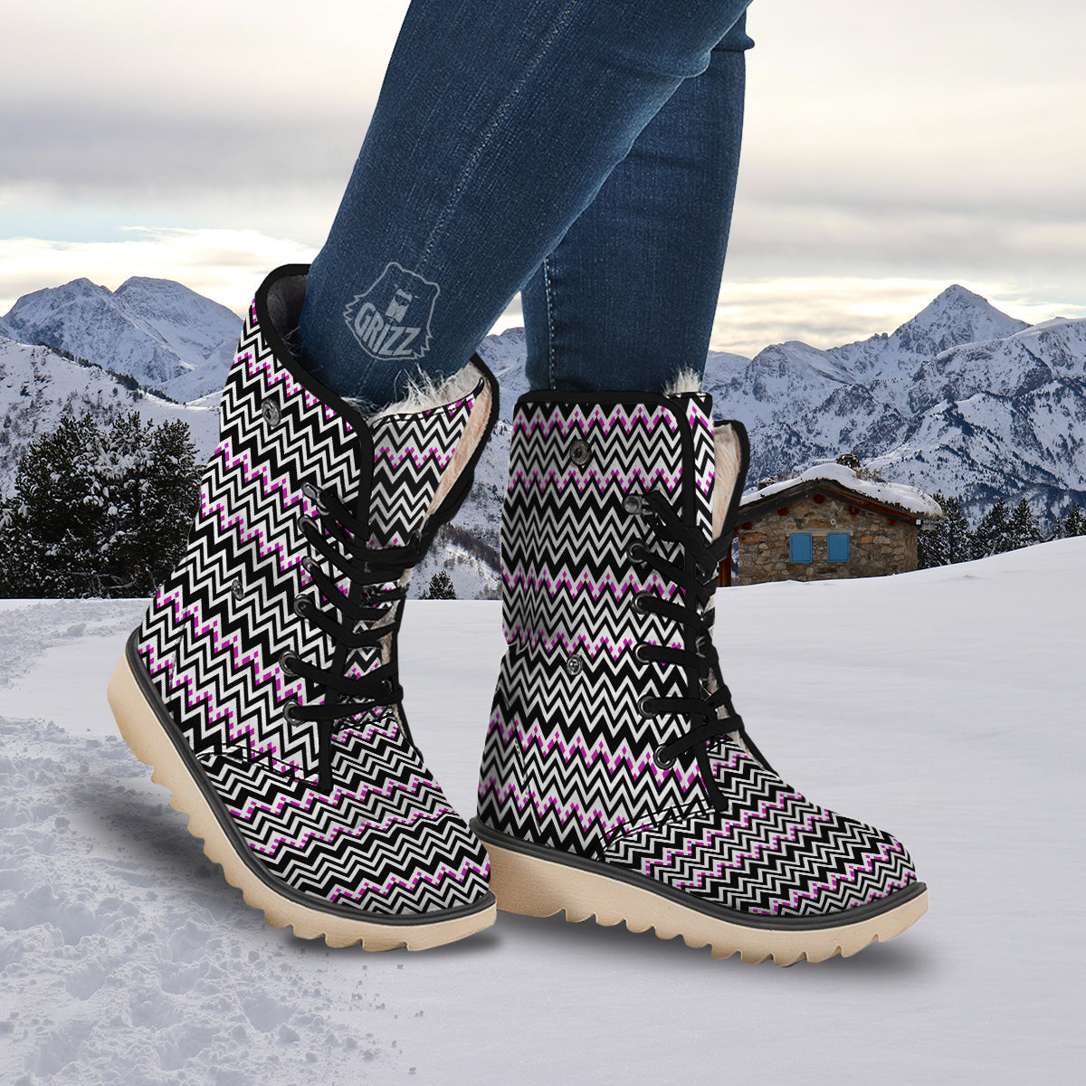Chevron Zigzag Black Pink Print Pattern Snow Boots-grizzshop