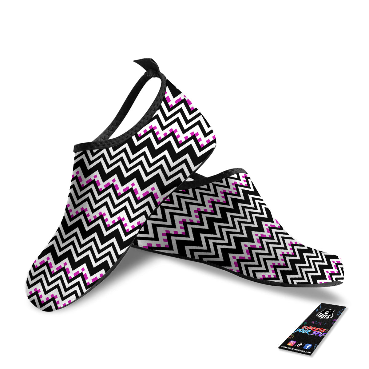 Chevron Zigzag Black Pink Print Pattern Water Shoes-grizzshop