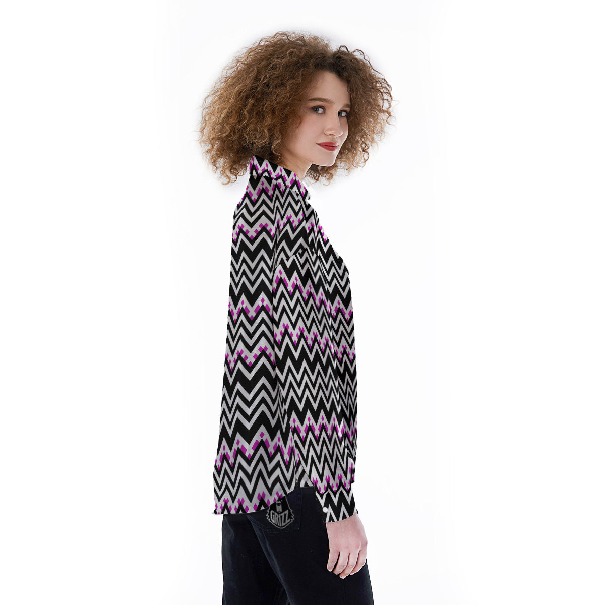 Chevron Zigzag Black Pink Print Pattern Women's Long Sleeve Shirts-grizzshop