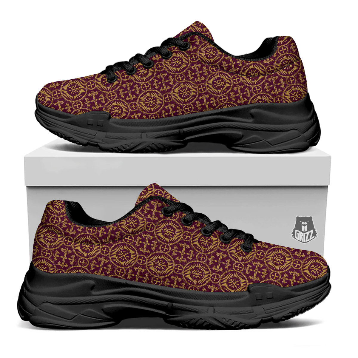 Chi Rho Print Pattern Black Chunky Shoes-grizzshop