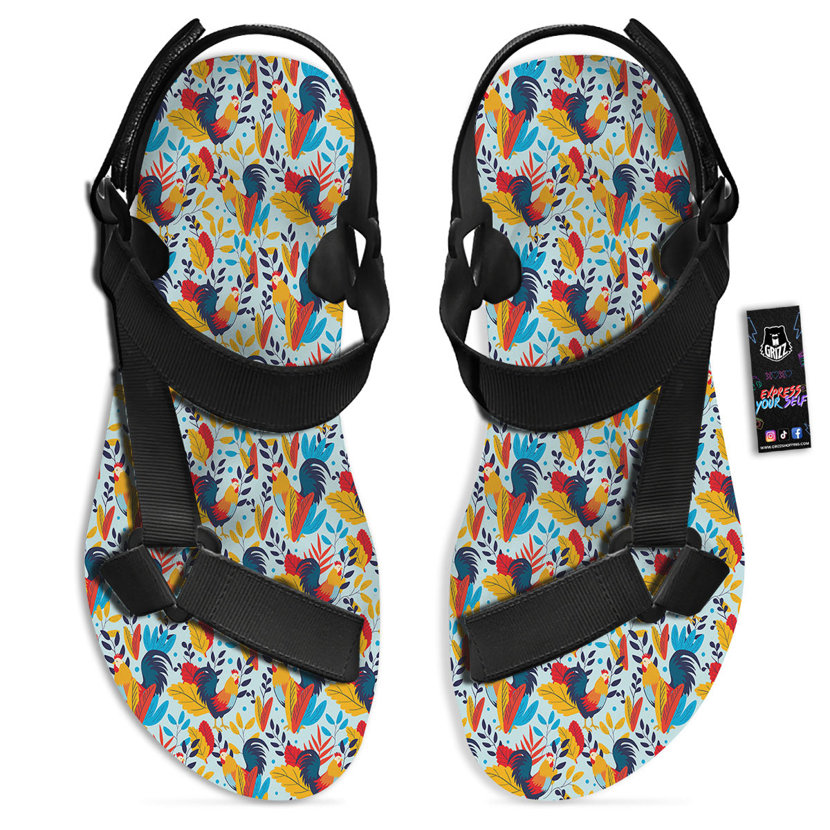 Chicken Exotic Print Pattern Black Open Toe Sandals-grizzshop