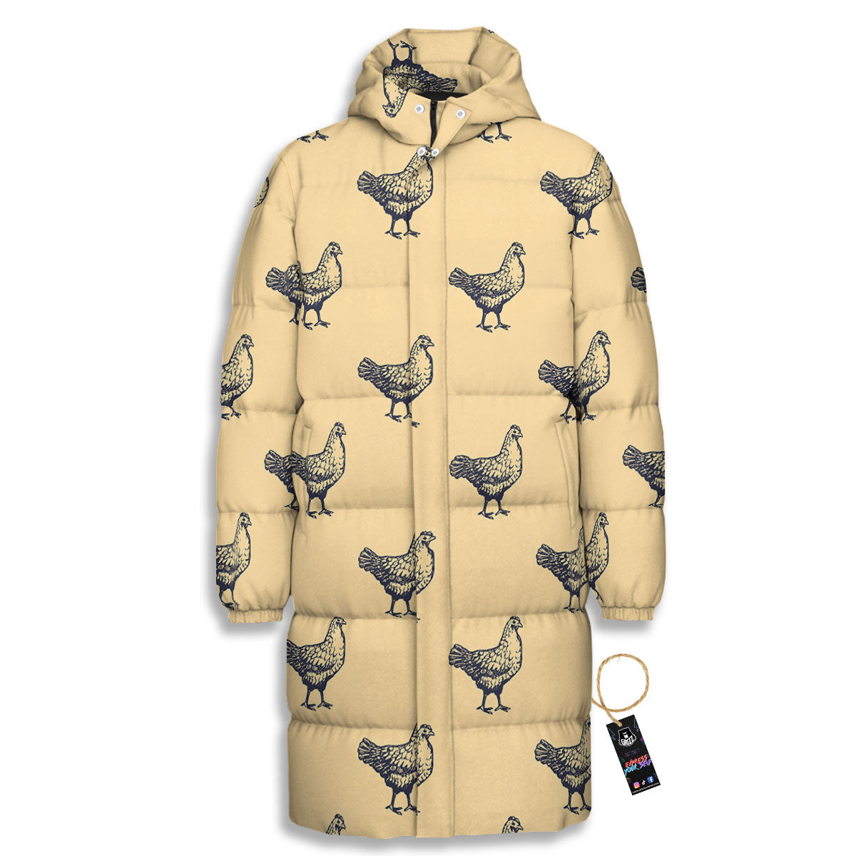Chicken Hand Drawn Print Pattern Long Down Jacket-grizzshop