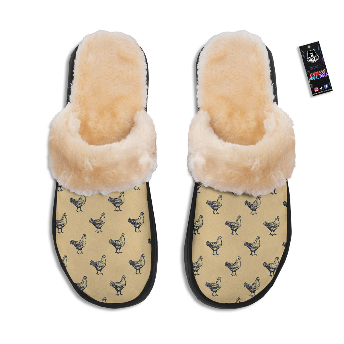 Chicken Hand Drawn Print Pattern Slippers-grizzshop
