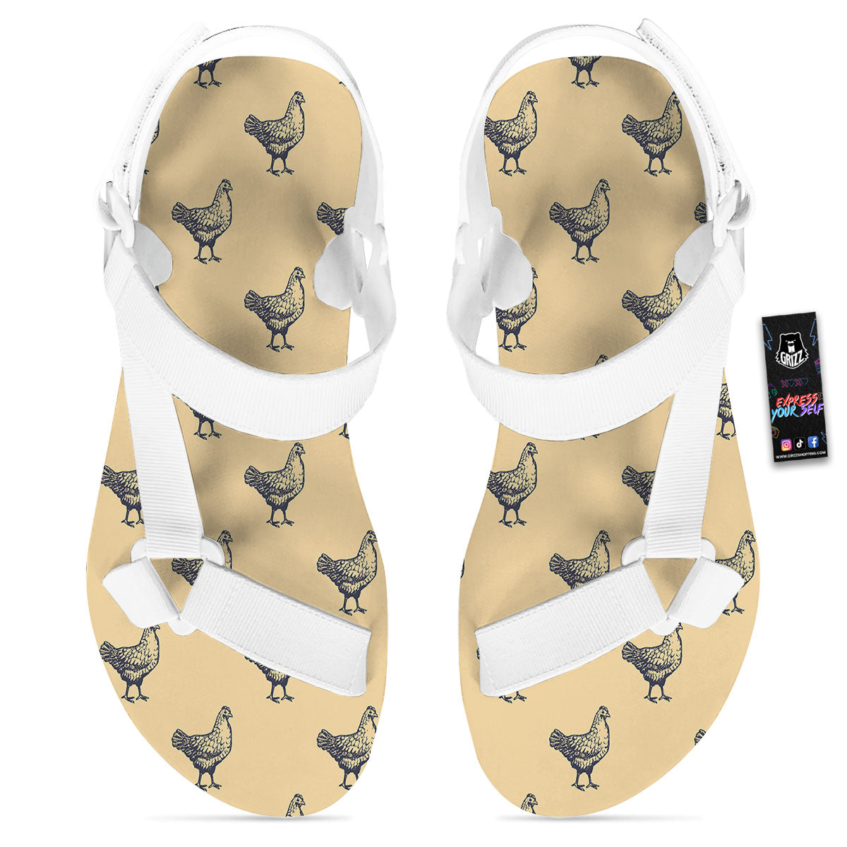 Chicken Hand Drawn Print Pattern White Open Toe Sandals-grizzshop