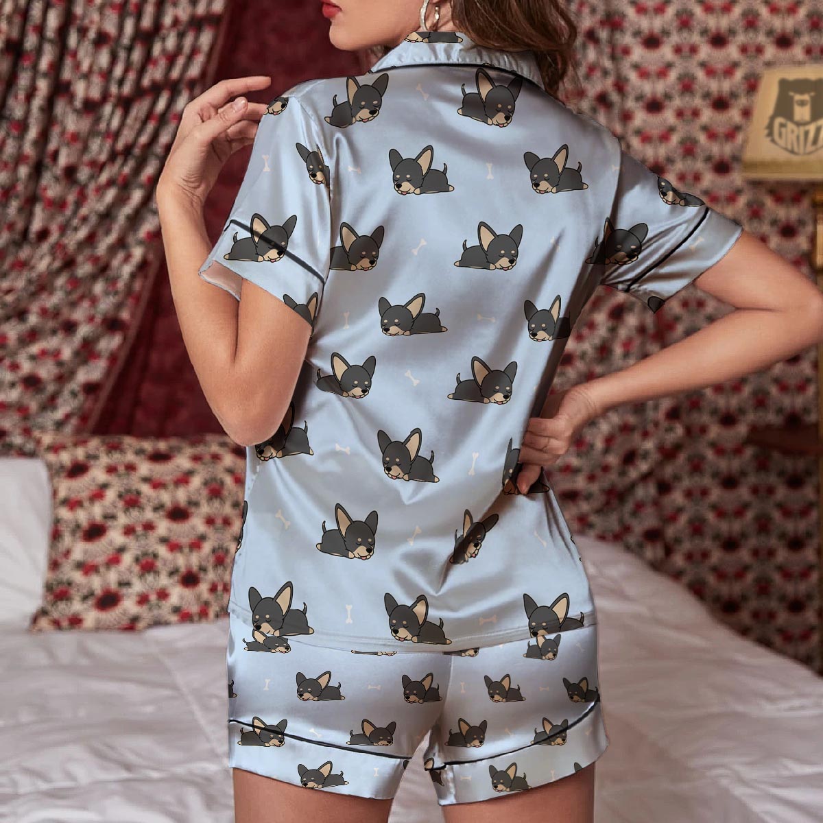 Chihuahua Sleeping Print Pattern Women Silk Pajamas-grizzshop
