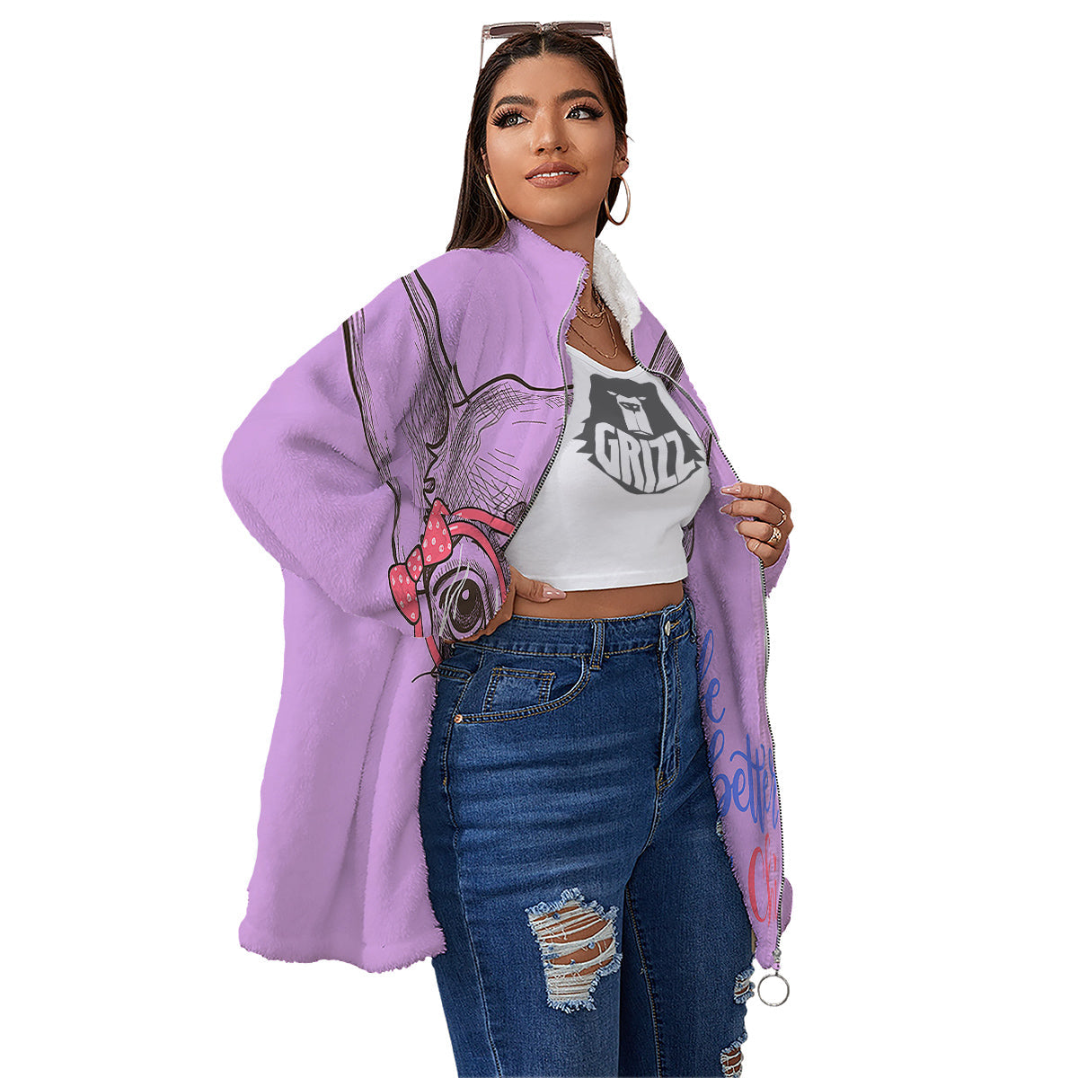 Chihuahua With Glasses Cute Print Women's Sherpa Jacket-grizzshop