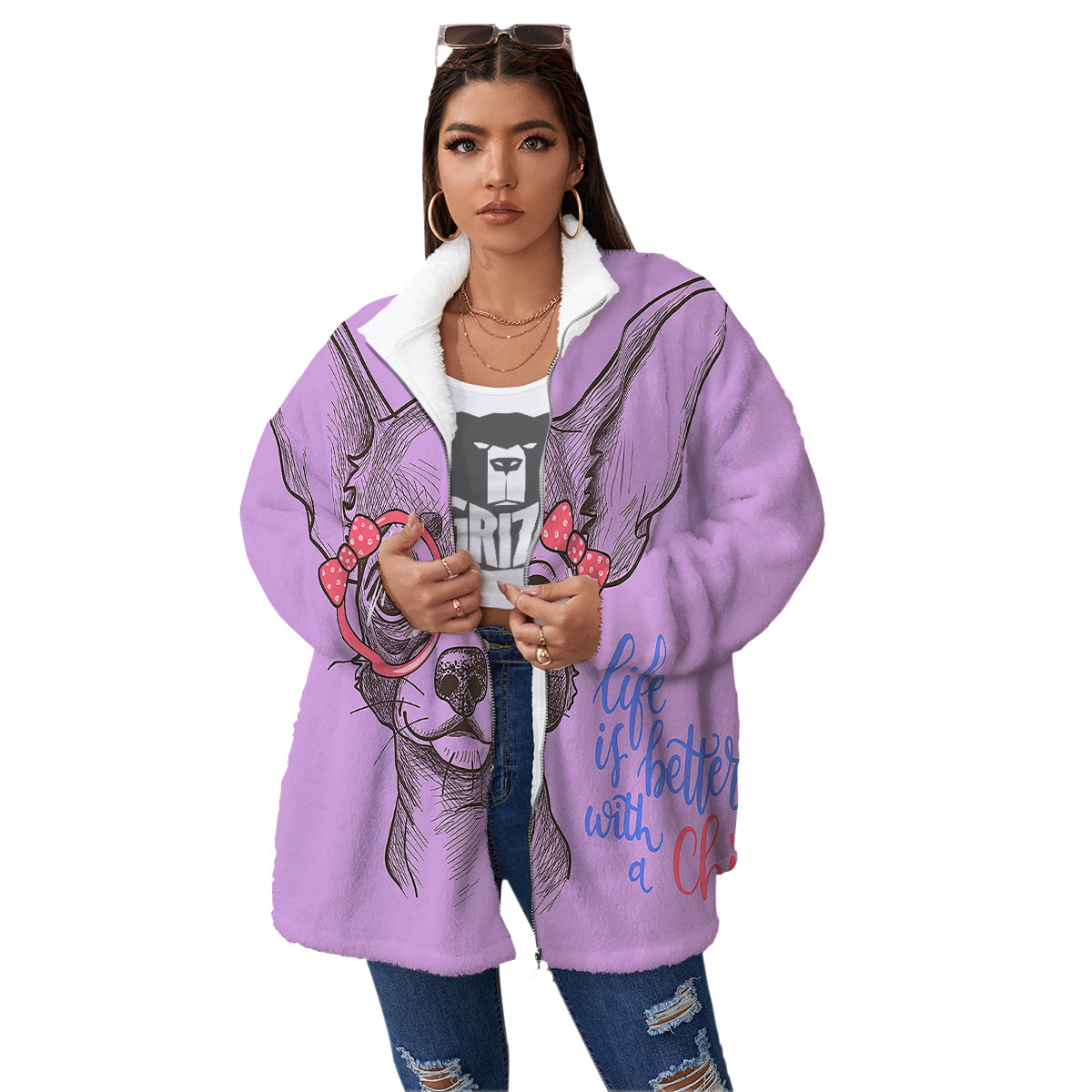 Chihuahua With Glasses Cute Print Women's Sherpa Jacket-grizzshop