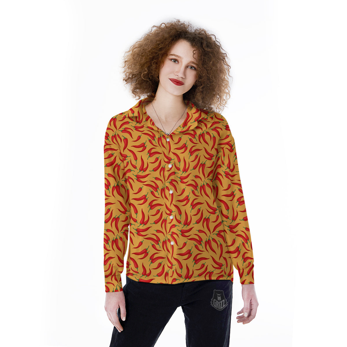 Chili Pepper And Orange Print Pattern Women's Long Sleeve Shirts-grizzshop