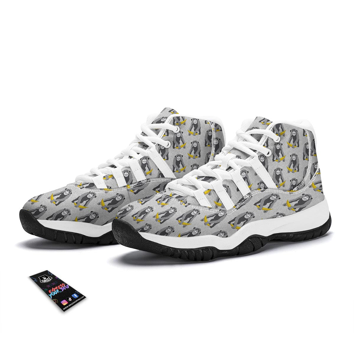 Chimp Monkey Banana Pattern Print White Bball Shoes-grizzshop