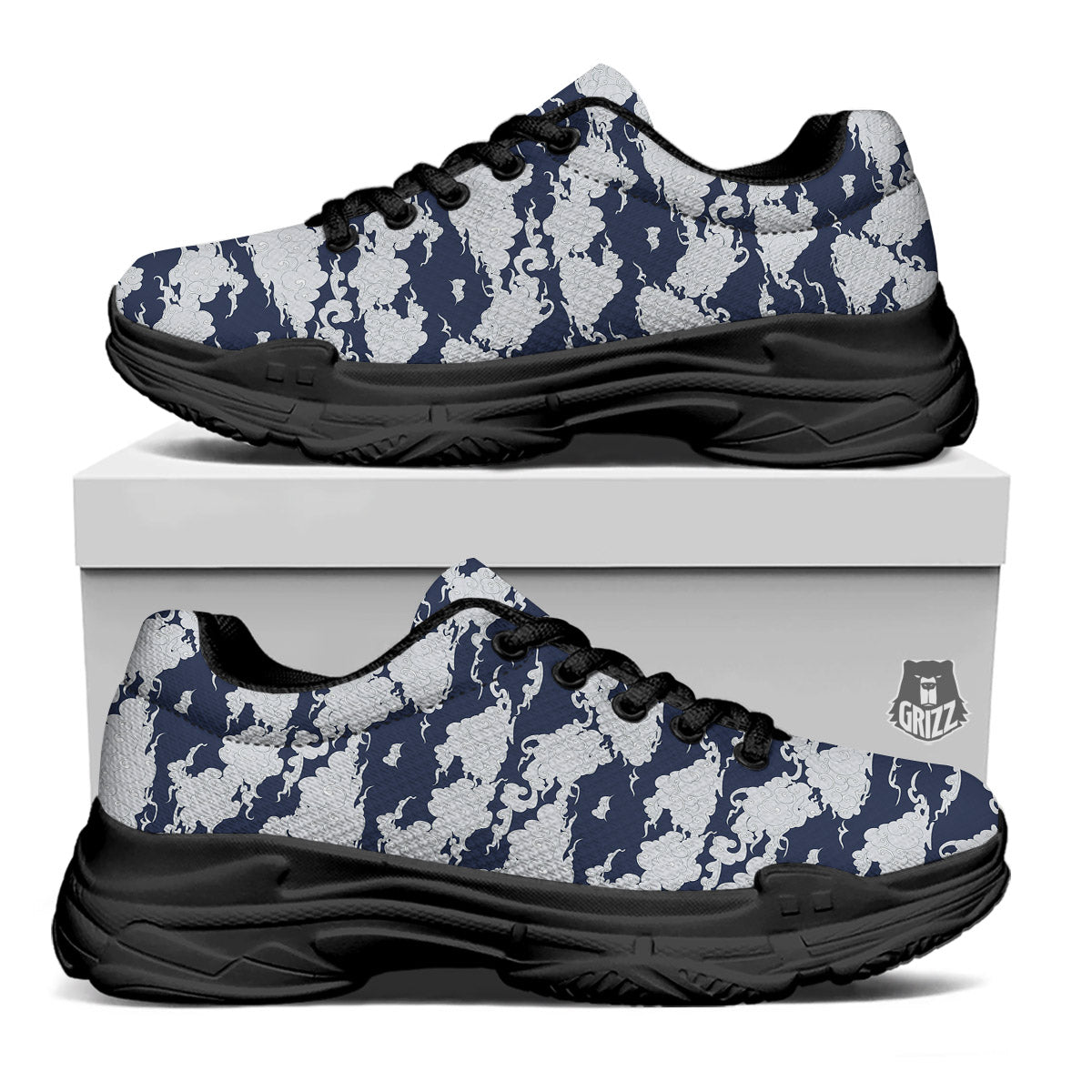 Chinese Cloud Print Pattern Black Chunky Shoes-grizzshop
