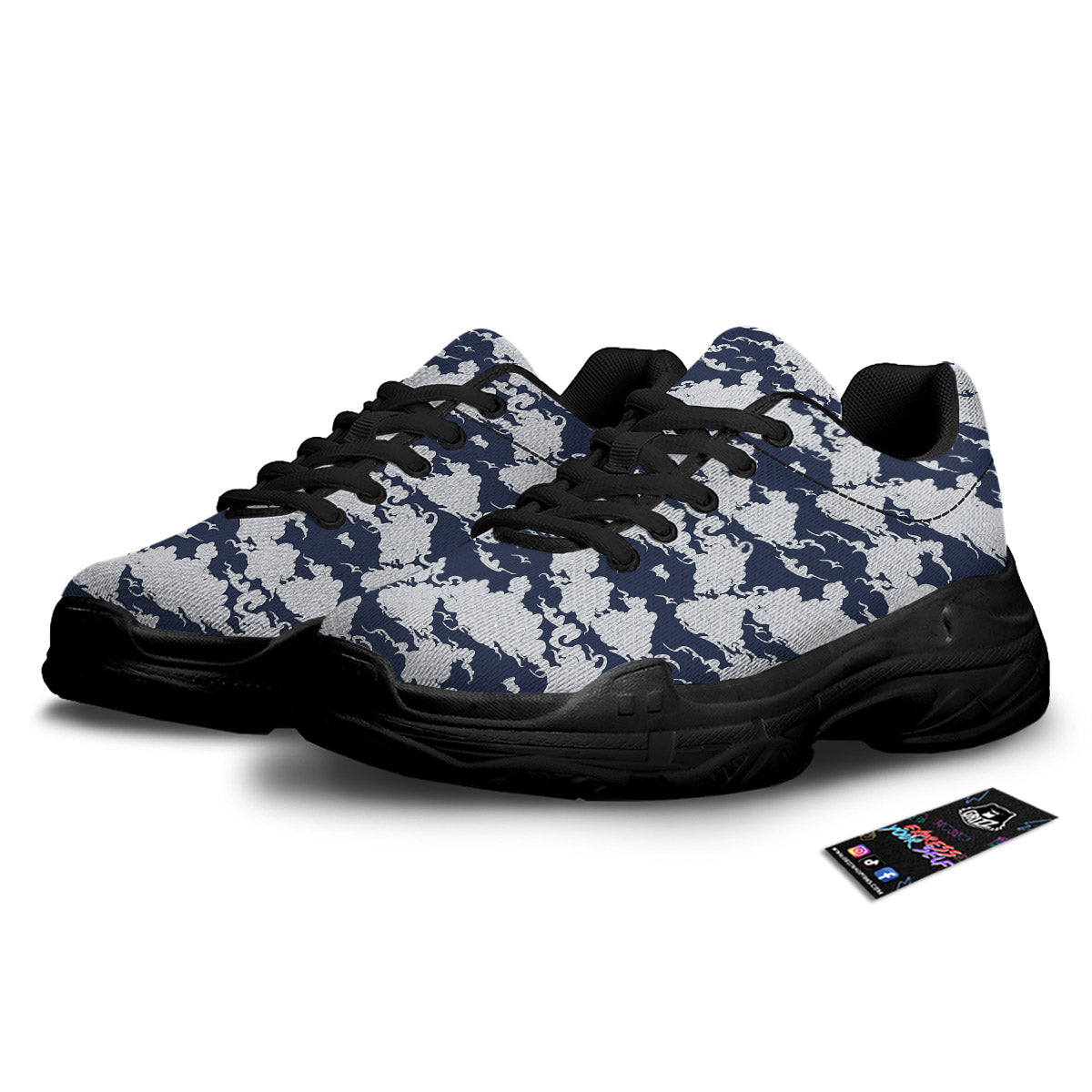 Chinese Cloud Print Pattern Black Chunky Shoes-grizzshop