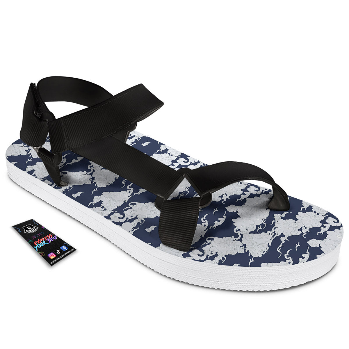 Chinese Cloud Print Pattern Black Open Toe Sandals-grizzshop