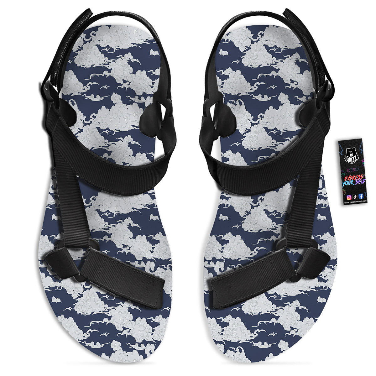 Chinese Cloud Print Pattern Black Open Toe Sandals-grizzshop