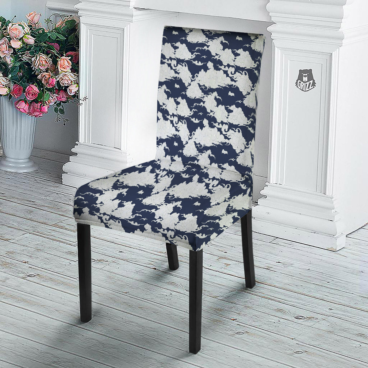 Chinese Cloud Print Pattern Dining Chair Slipcover-grizzshop