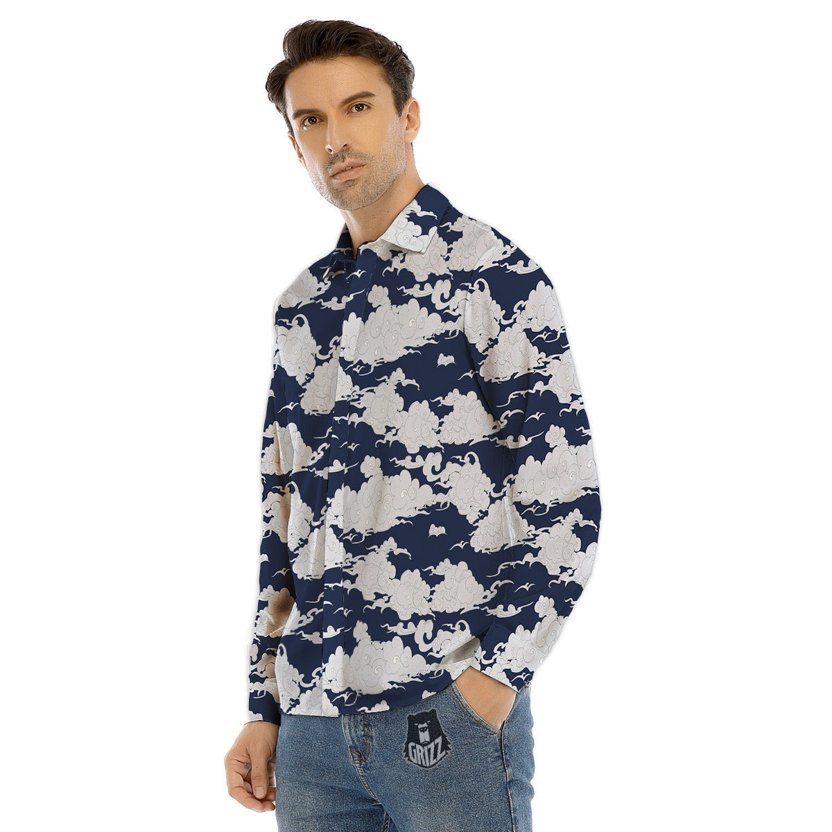 Chinese Cloud Print Pattern Men's Dress Shirts-grizzshop