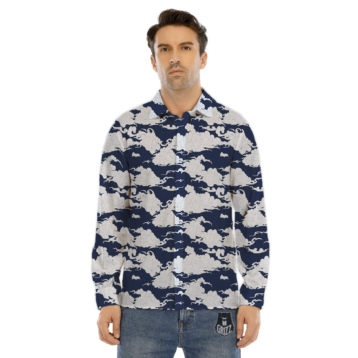 Chinese Cloud Print Pattern Men's Dress Shirts-grizzshop