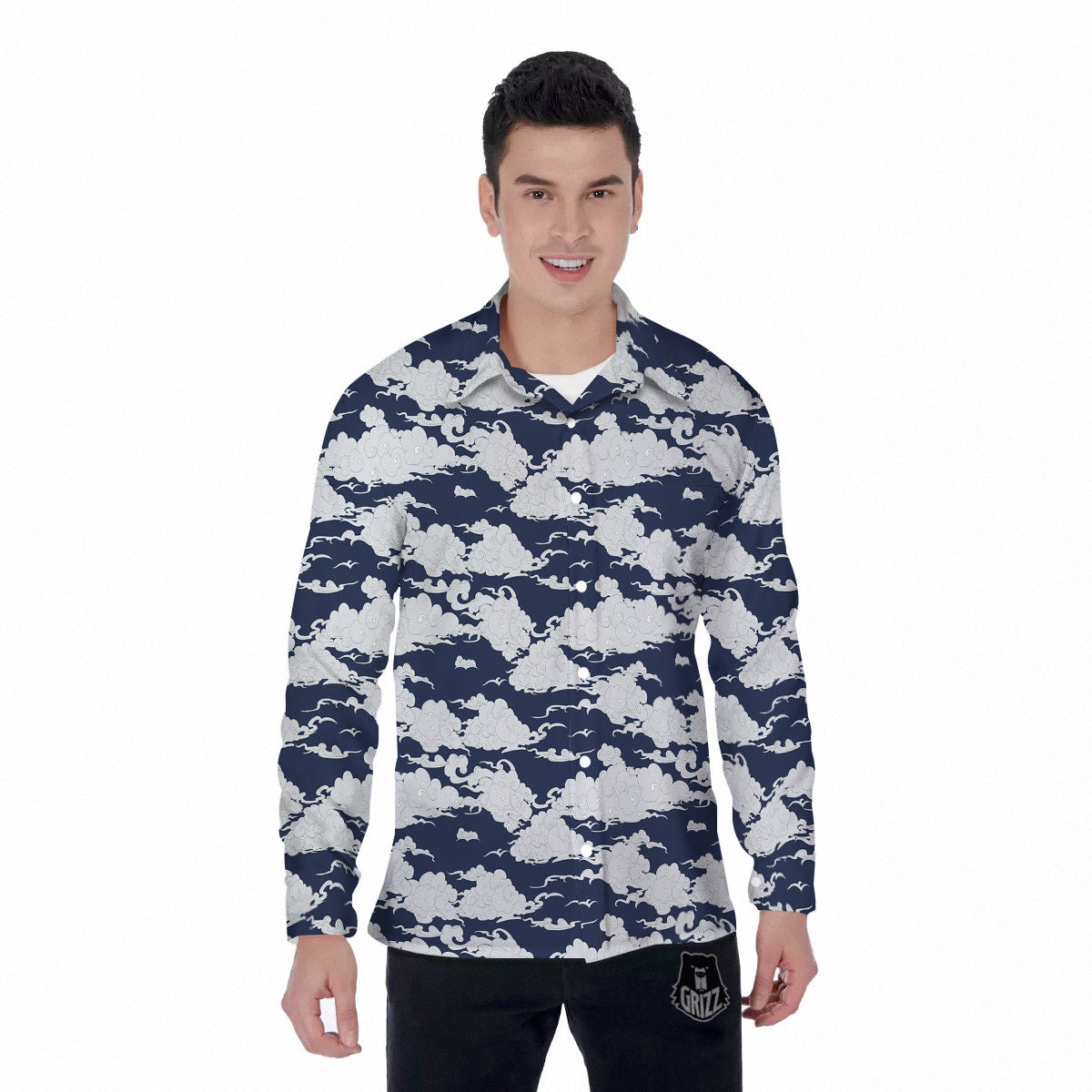Chinese Cloud Print Pattern Men's Long Sleeve Shirts-grizzshop