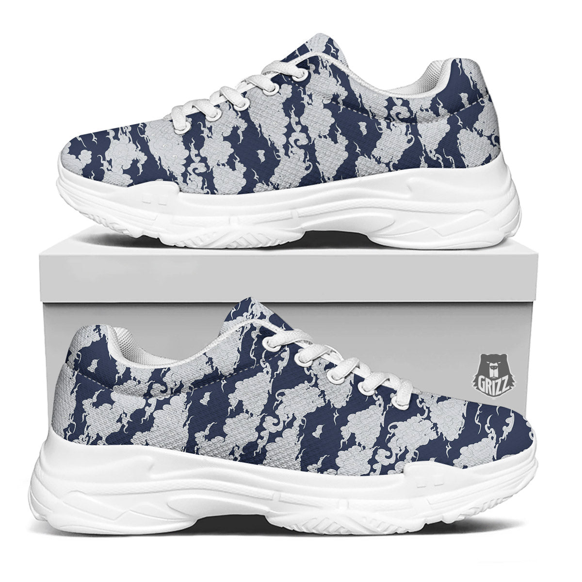 Chinese Cloud Print Pattern White Chunky Shoes-grizzshop