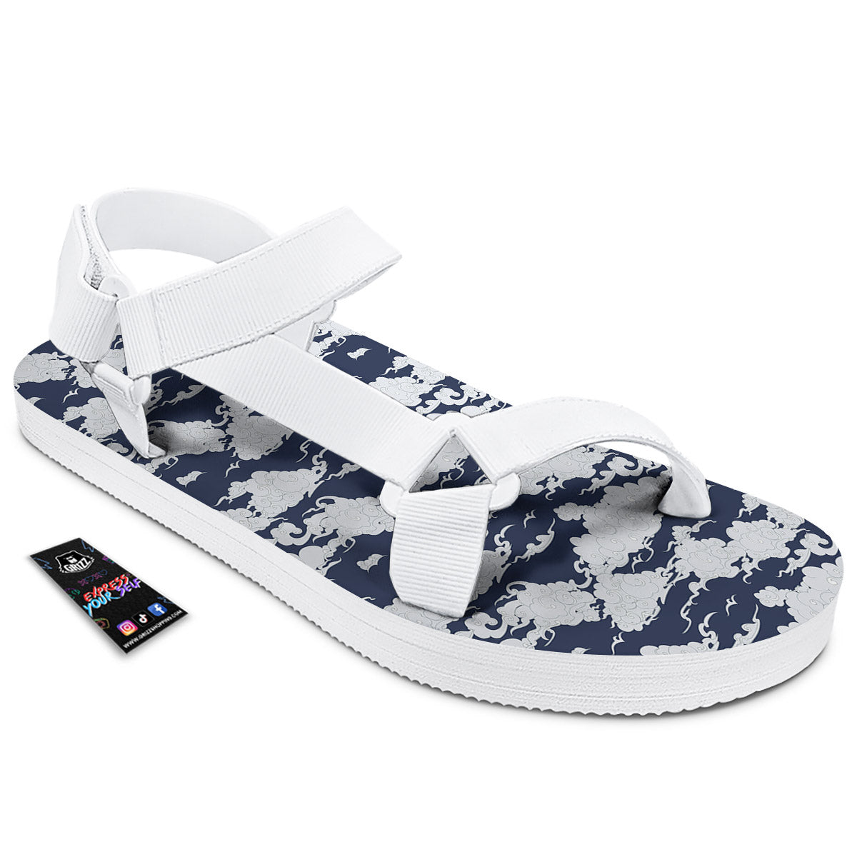 Chinese Cloud Print Pattern White Open Toe Sandals-grizzshop