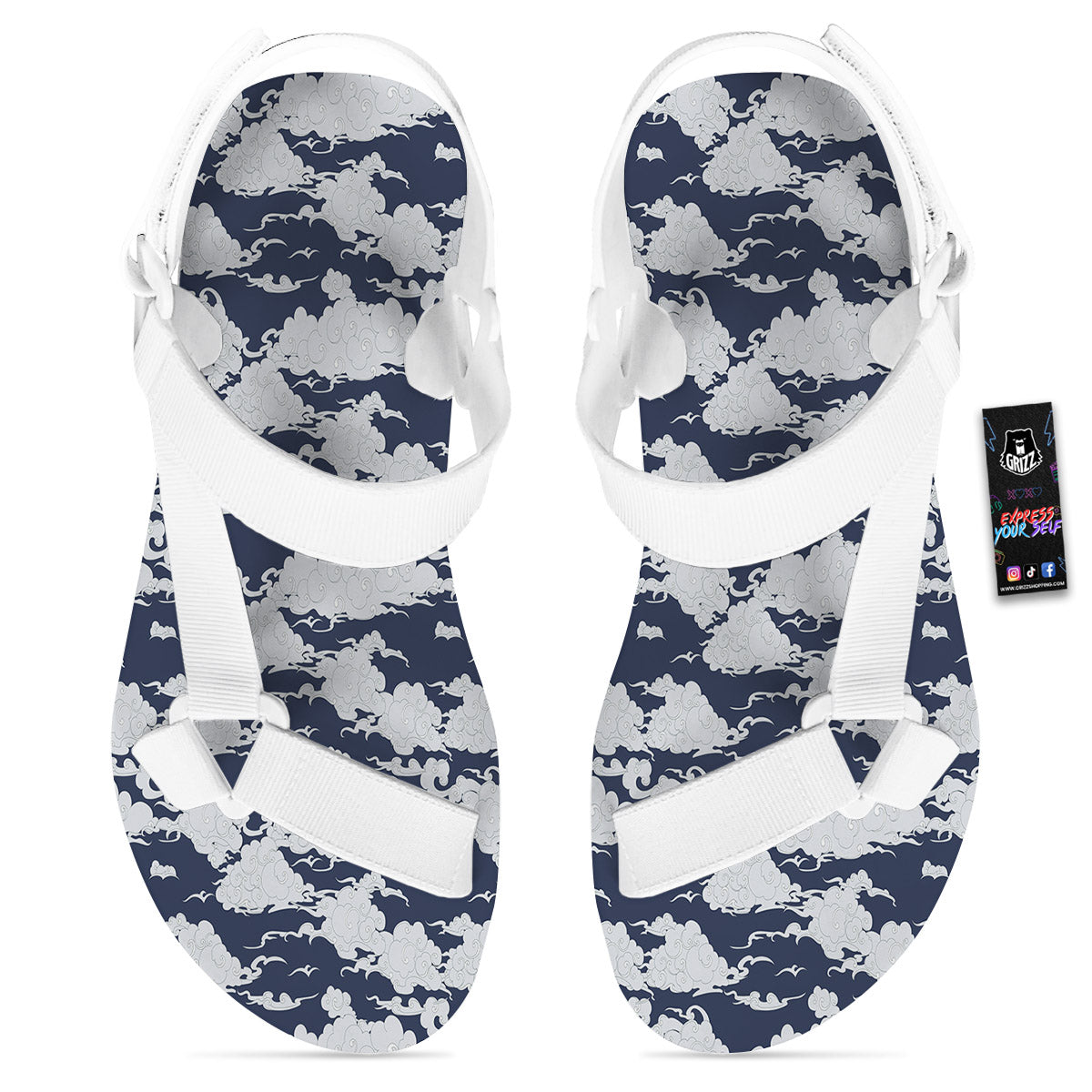 Chinese Cloud Print Pattern White Open Toe Sandals-grizzshop